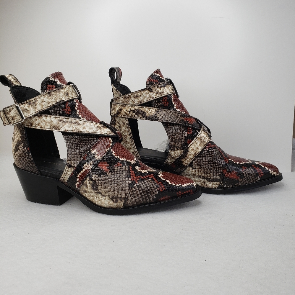 Allsaints Darcy Printed Summer Snake Side cut out Ankle Wrap Pointed Boots Sz 9.